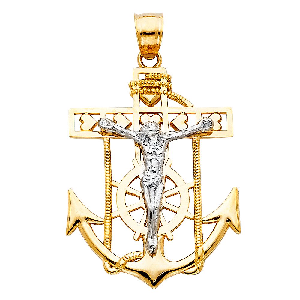 14K 2T Jesus Crucifix Anchor Religious Pendant