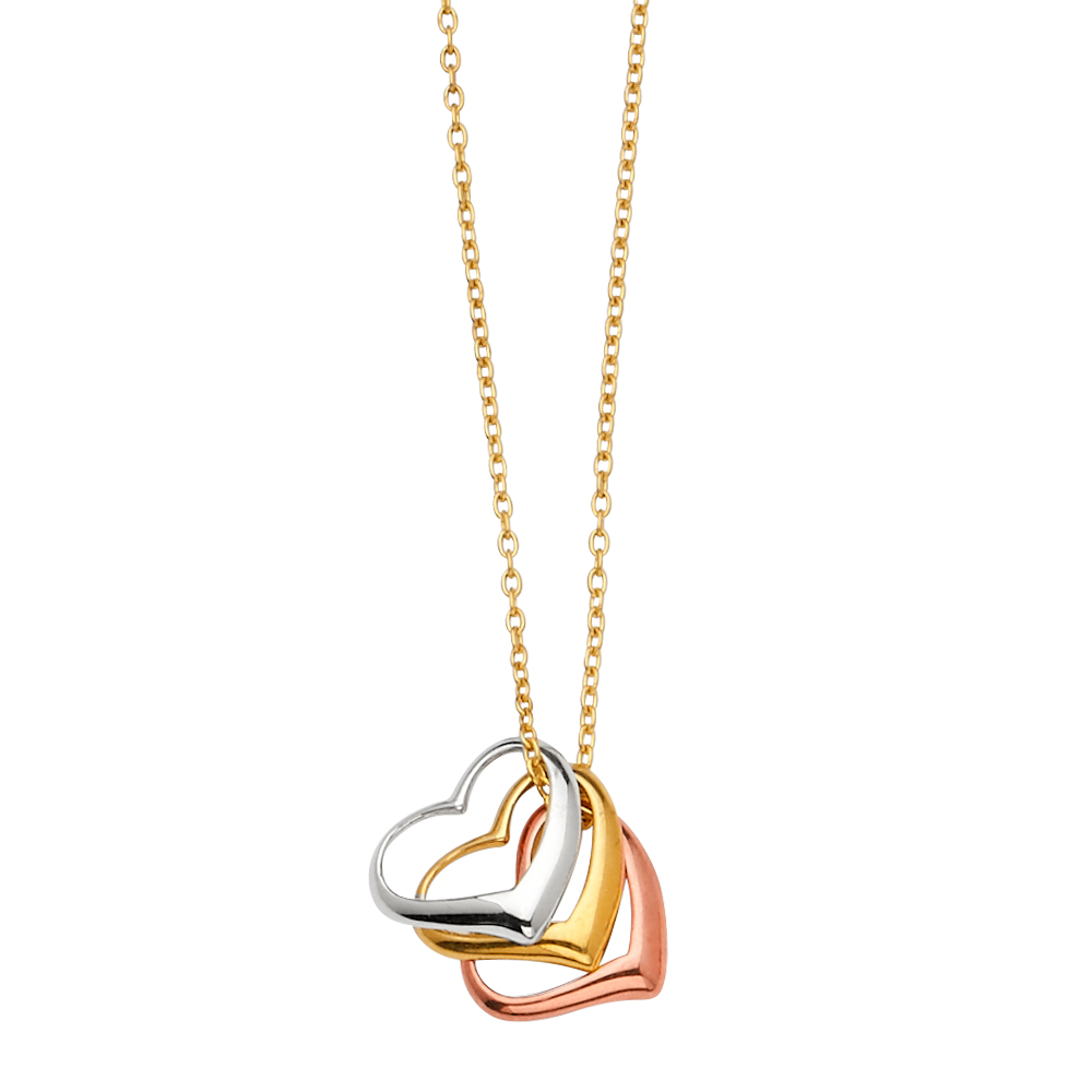 Lady's 14 Karat light Necklace Style:3 Hearts
Color: Three-tone
Length: 17"+1"
