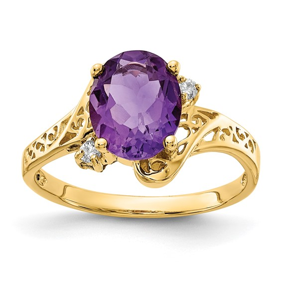 14k 9x7mm Oval Amethyst AA Diamond ring size 6