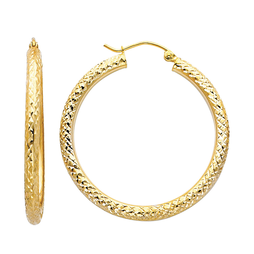 Lady's Yellow 14 Karat Round Hoops Earrings Length 40 Finish: Diamond