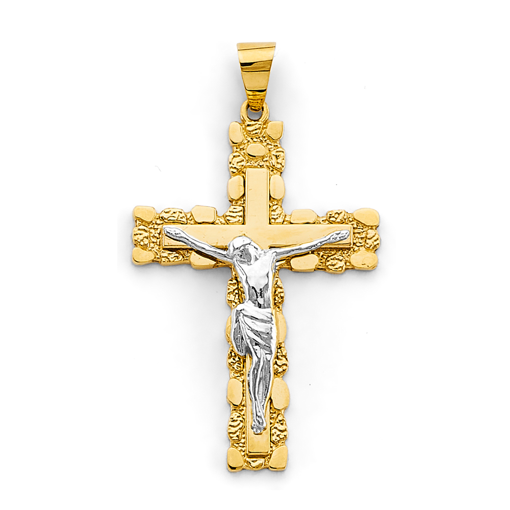 Two-Tone 14 Karat Crucific nugget Charm Length: 50.46
Gender: Gentlem