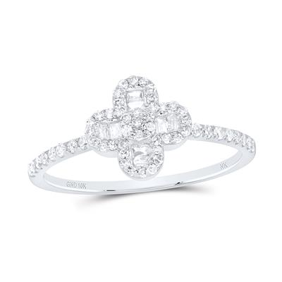 Lady's White 10 Karat Fashion clover Ring Size 7 0.33tw Various Shapes Diamonds Finish: High polish