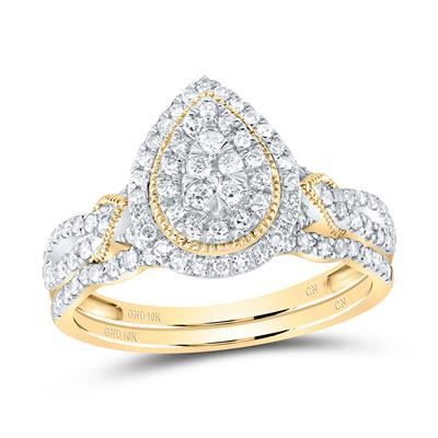Lady's Yellow 10 Karat Pear Double Halo Wedding Set = 0.50tw Round Diamonds Finish: Polished
Wedding: Duo