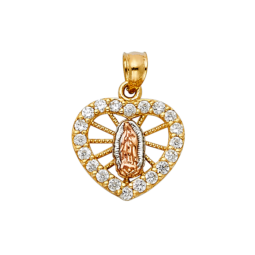 Three-Tone 14 Karat virgen of Guadalupe heart cz Pendant Length: 23.36