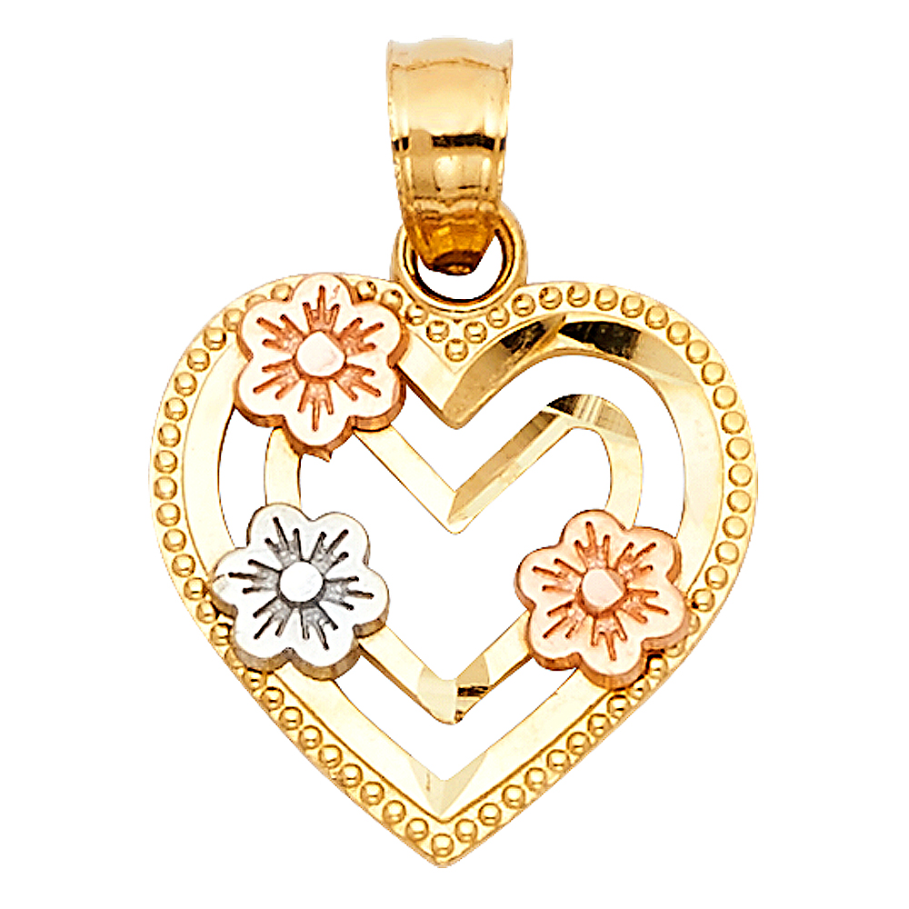 Three-Tone 14 Karat Heart With Flowers Pendant 15x13