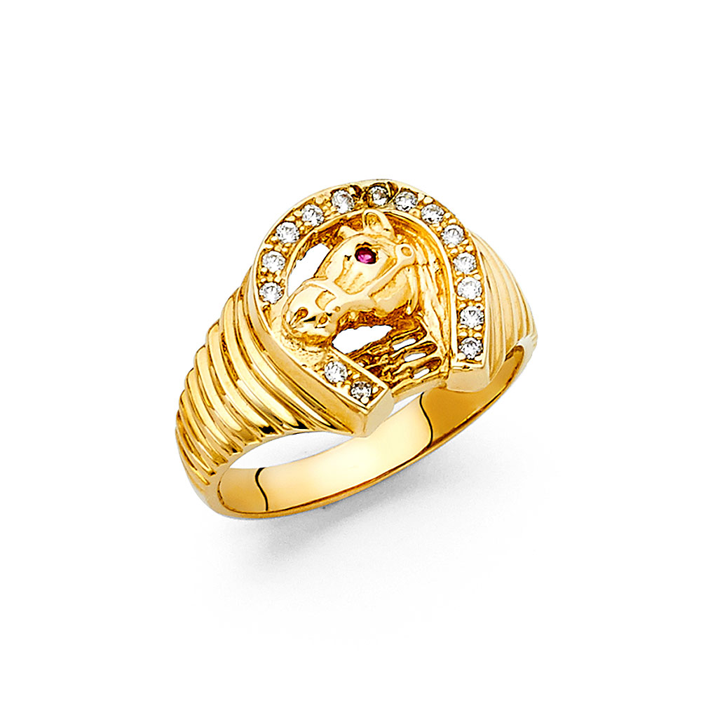Gent's Yellow 14K Red Eye Lucky Horse Shoe Ring