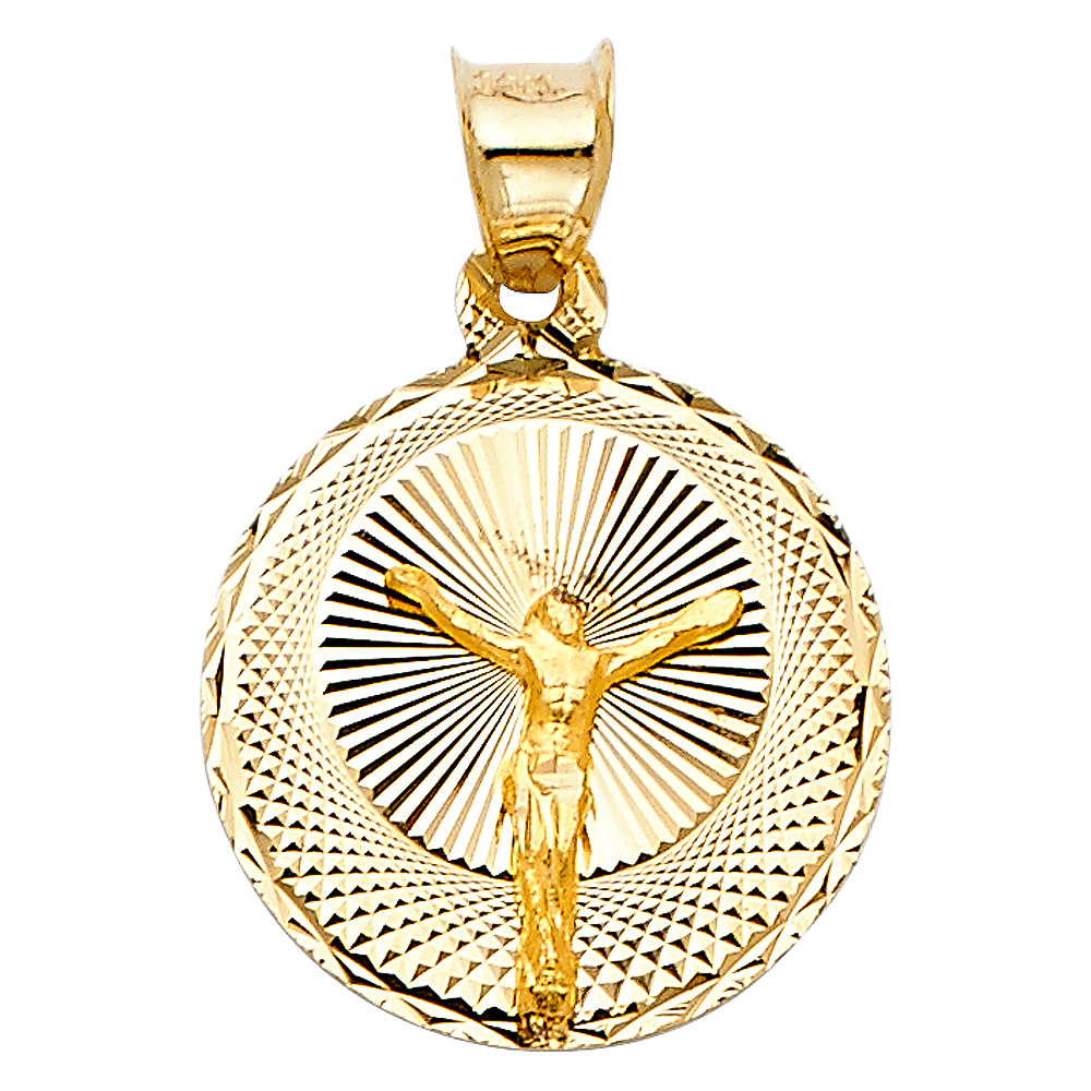 Yellow 14 Karat Diamond Cut Stamp Crucifix Pendant Length: 20