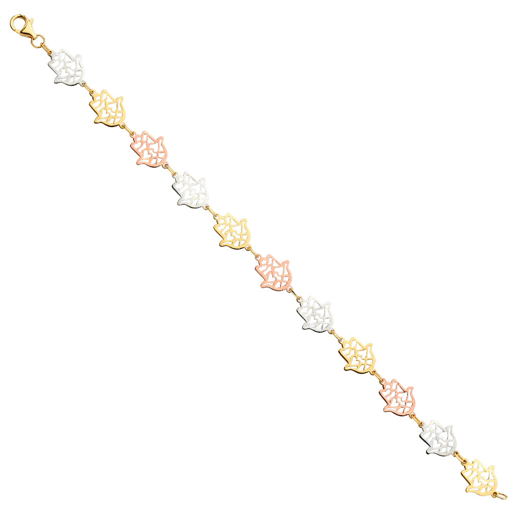 Three-Tone 14 Karat hamsa Bracelet Length: 7.5"
Gender: ladies