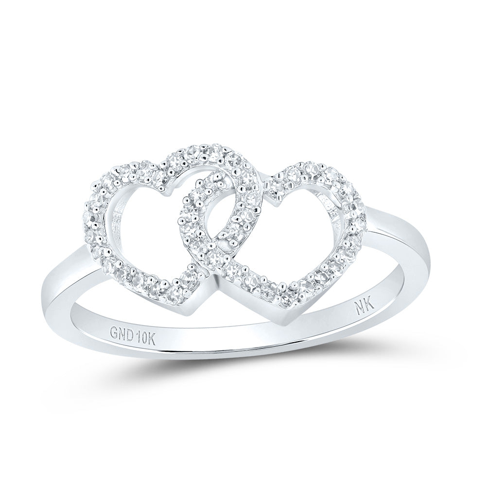 Lady's White 10 Karat Fashion Ring Double heart 0.20tw Round Diamonds