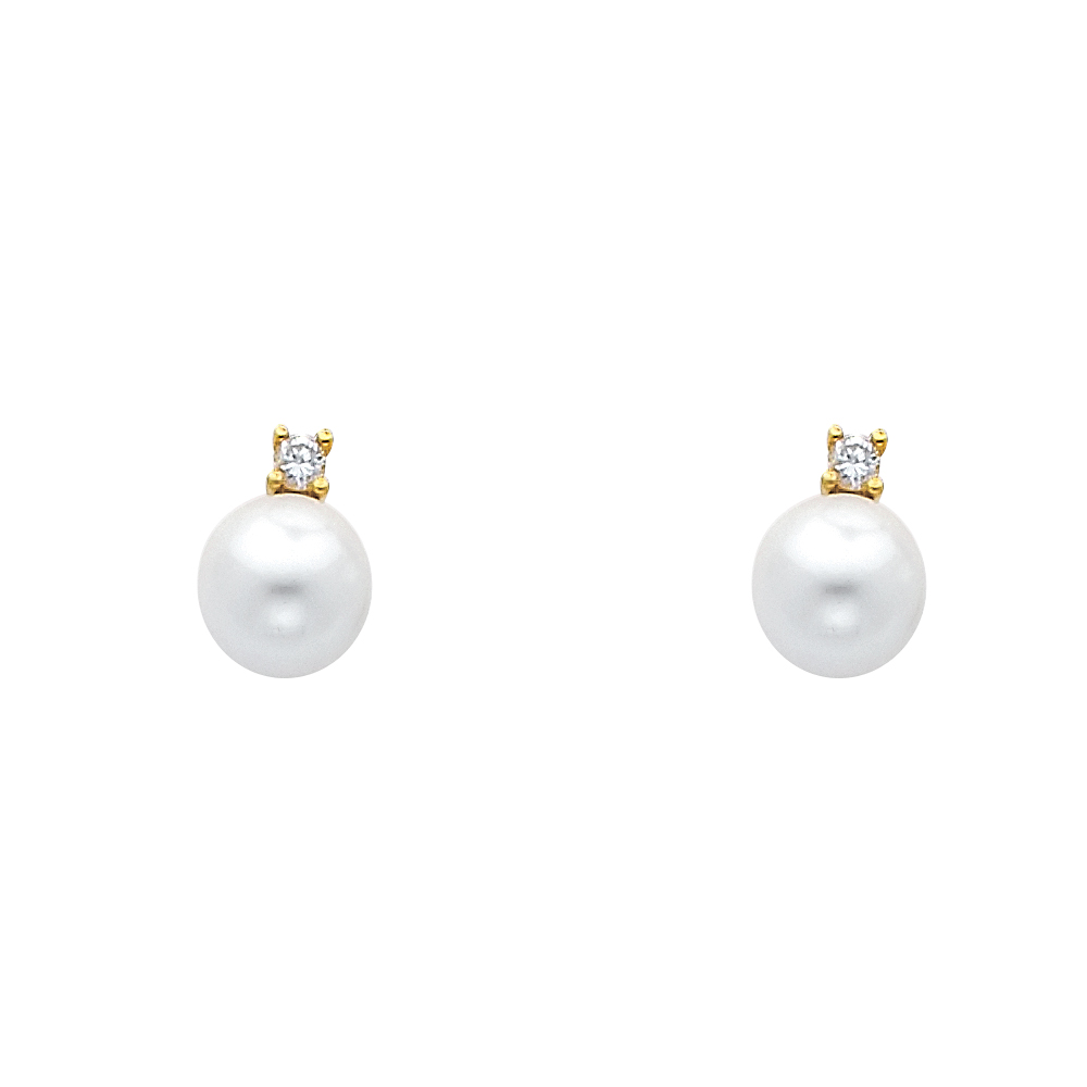 Lady's Yellow 14 Karat Cz Pearl Earrings Length 10