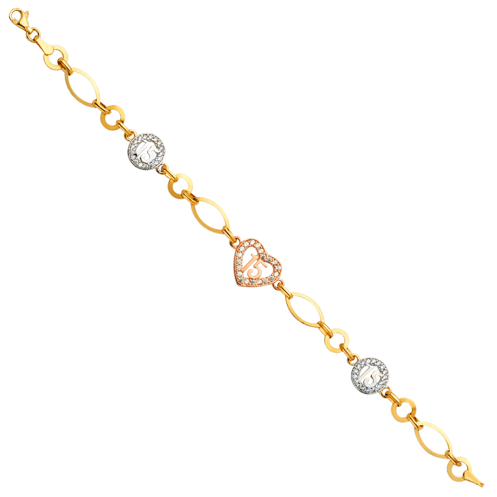 Lady's 14 Karat 3C 15 Years Cz  Bracelet Style: Fashion
Color: Three-tone
Length: 7"
Gender: Ladies