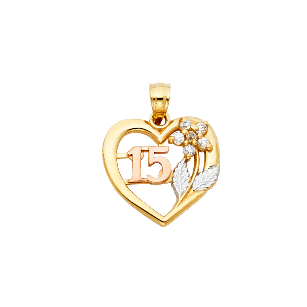 14 Karat Heart and flower cz 15 Charm Length 20.4 Color: Tri-tone