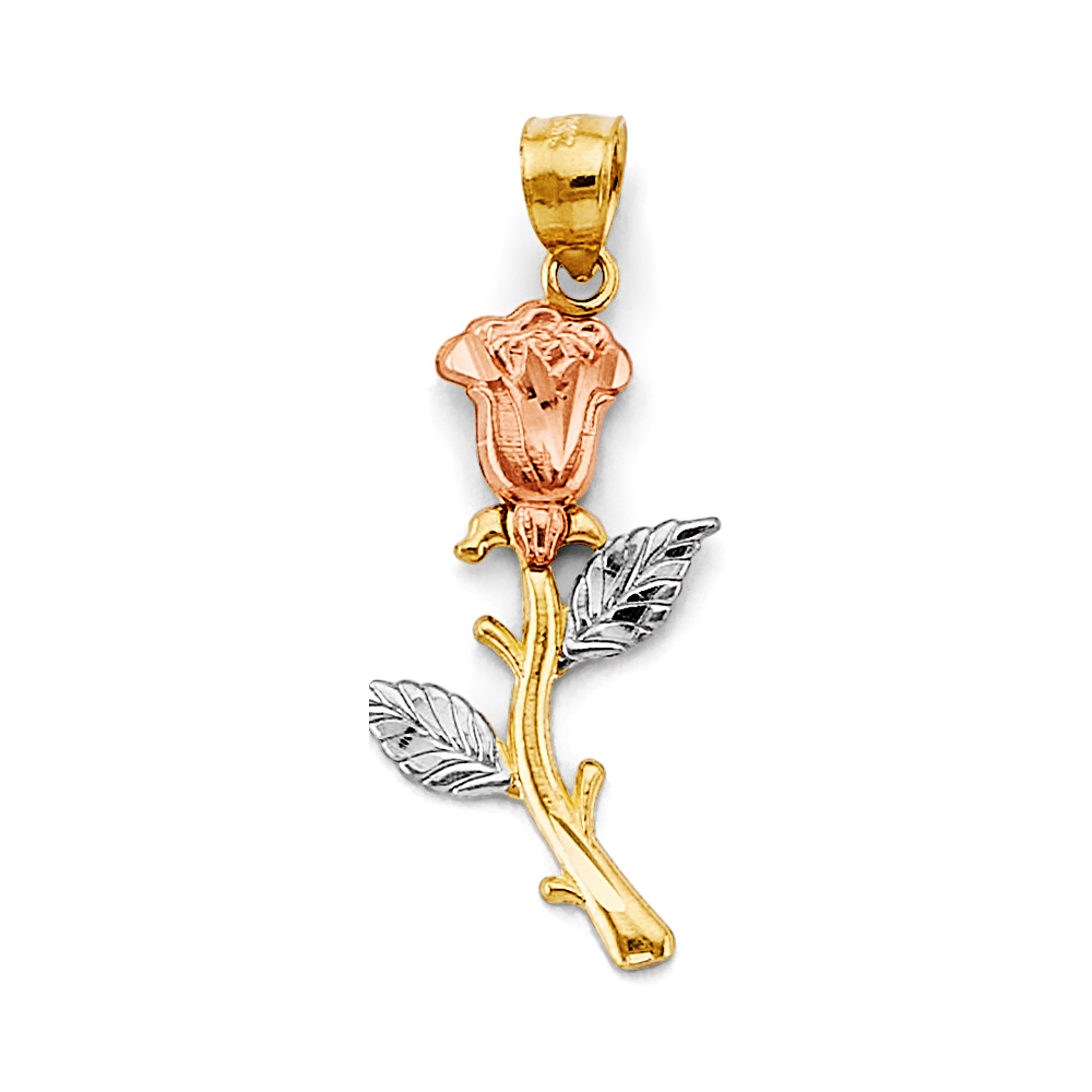 Three-Tone 14 Karat Diamond Cut  Flower Pendant Length: 32