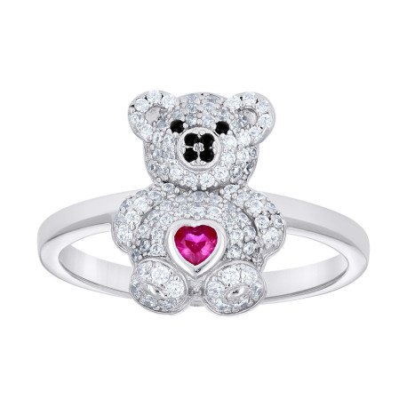 Sterling Silver Ladies Heart Cz Teddy Bear  Heart Ring