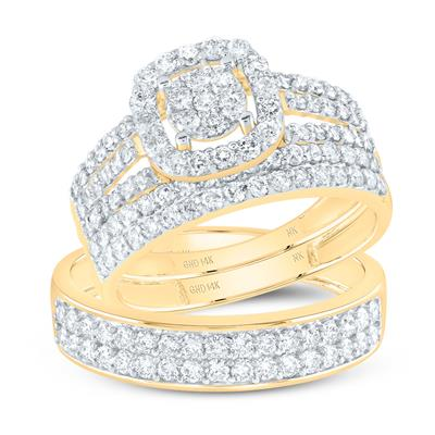 Lady's Yellow 14 Karat Gold cluster matchin Wedding trio Set Size 7 1.