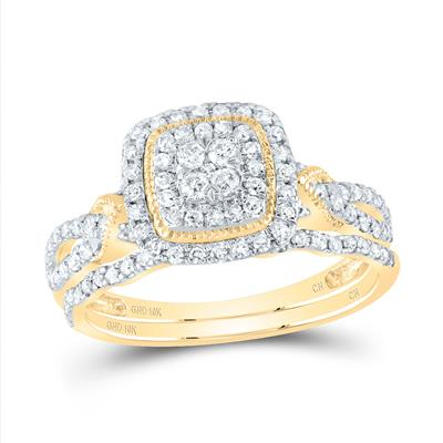 Lady's Yellow 10 Karat Wedding Set 0.50tw Cushion Double Halo Diamonds