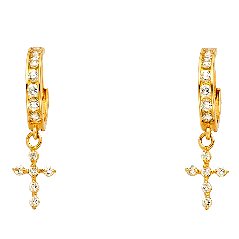 Lady's Yellow 14 Karat Dangle Cz Huggies Earring