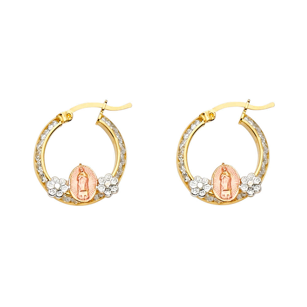 Lady's Three-Tone 14 Karat Virgen of Guadalupe cz hoops Earrings Style