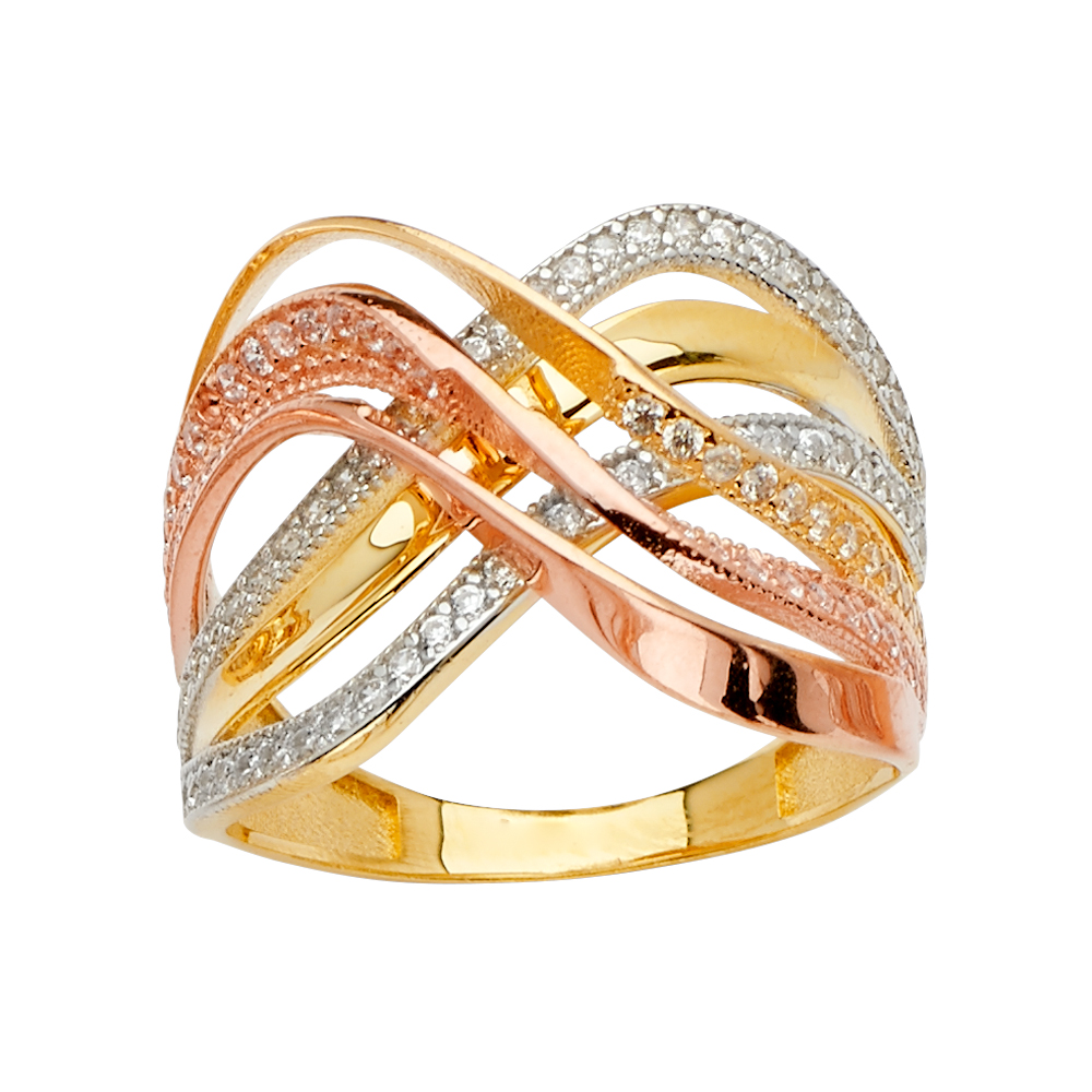 Lady's Three-Tone 14 Karat Multi line CZ Fashion Ring Gender: Ladies
