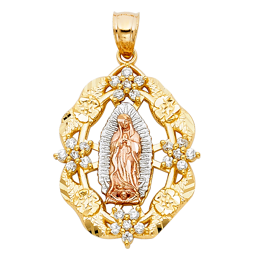 Three-Tone 14 KaratLady of Guadalupe cz Diamond Cut Pendant Length: 34