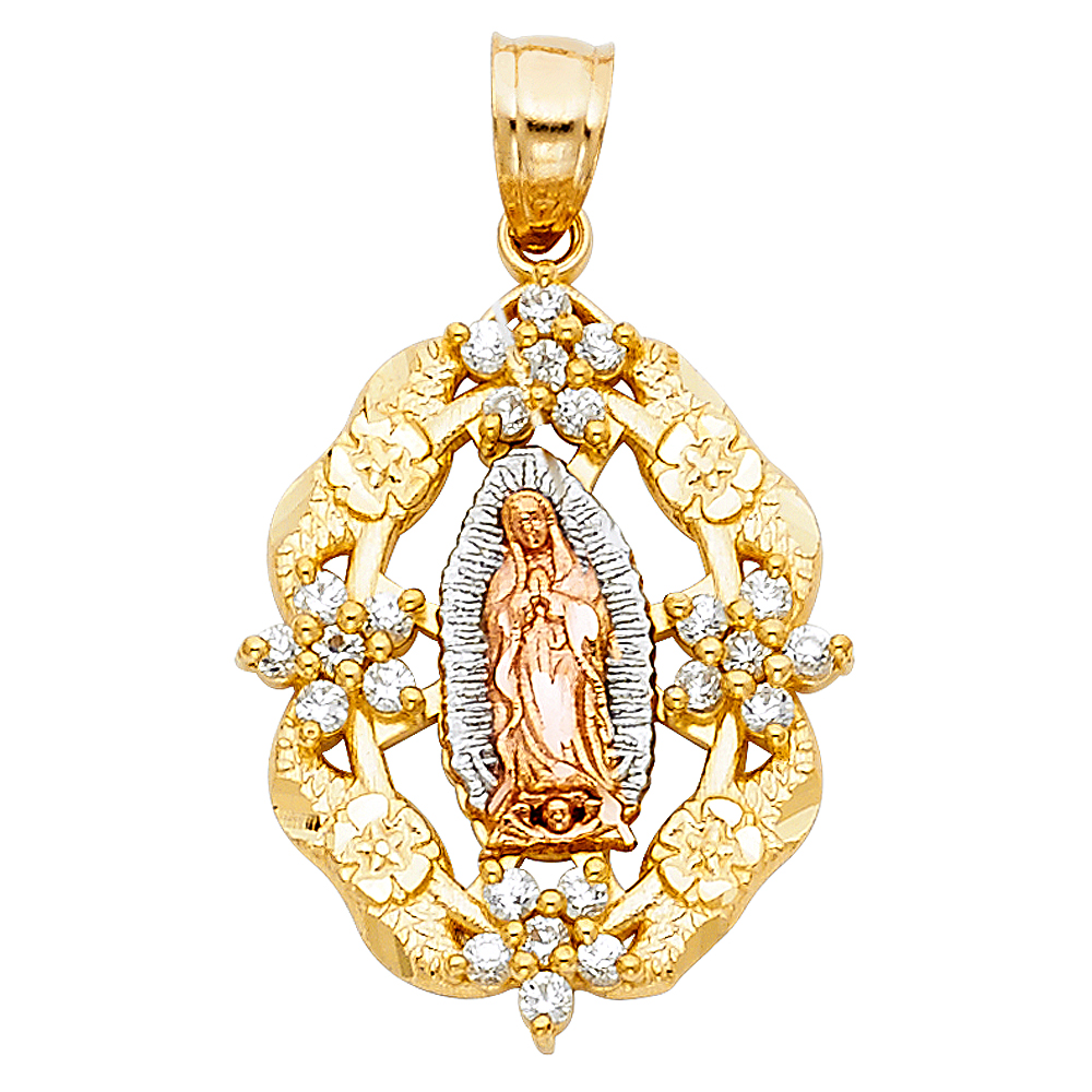 Three-Tone 14 Karat Guadalupe Diamond Cut Pendant Length: 25x20mm