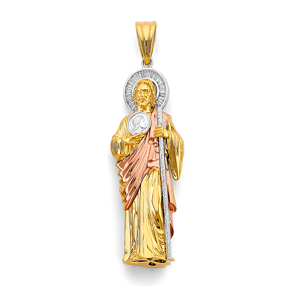 Three-Tone 14 Karat 3D ST Jude cz Charm Length: 70X20mm
Gender: Gentl