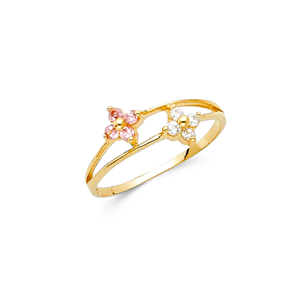 Yellow 14K Two Flower CZ Baby Ring 1.1mm