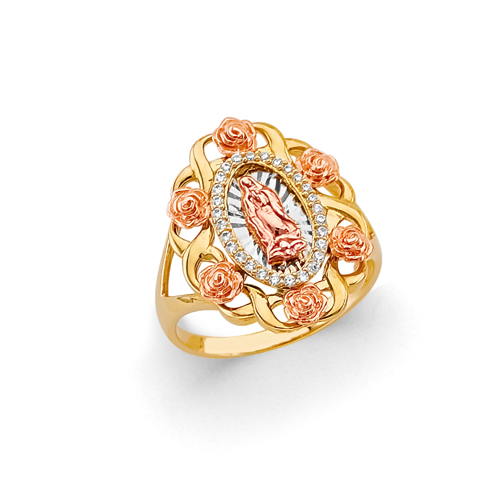 Lady's Three-Tone 14K 3C Guadalupe with flowers Ring