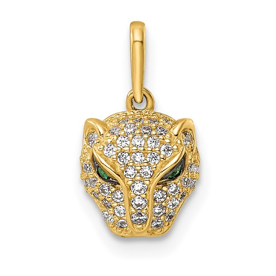 14K Polished Green and White CZ Lioness Head Pendant