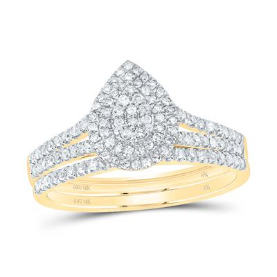 Lady's Yellow 10 Karat Pear double halo Wedding Set = 0.375tw Round Di