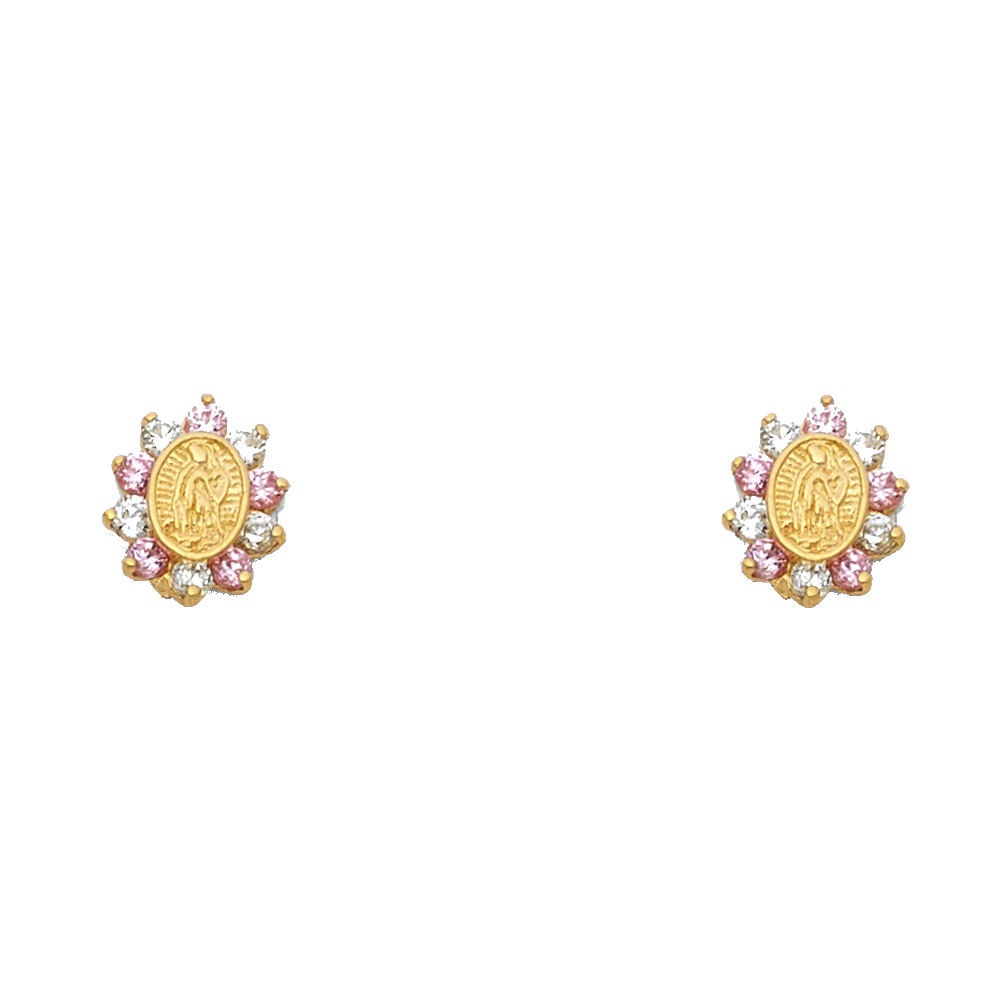 Ladys Yellow 14Kt Virgen Of Guadalupe Cz Pink Stud Earrings