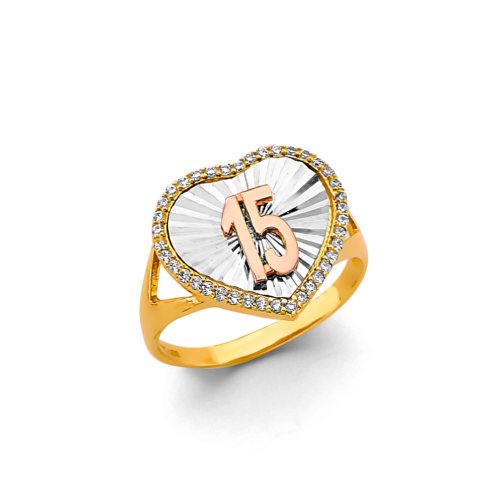 14K 2T Cz Heart 15 Years Ring