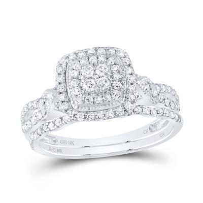Lady's White 10 Karat Wedding Set = 0.50tw Round cushion doble halo Di