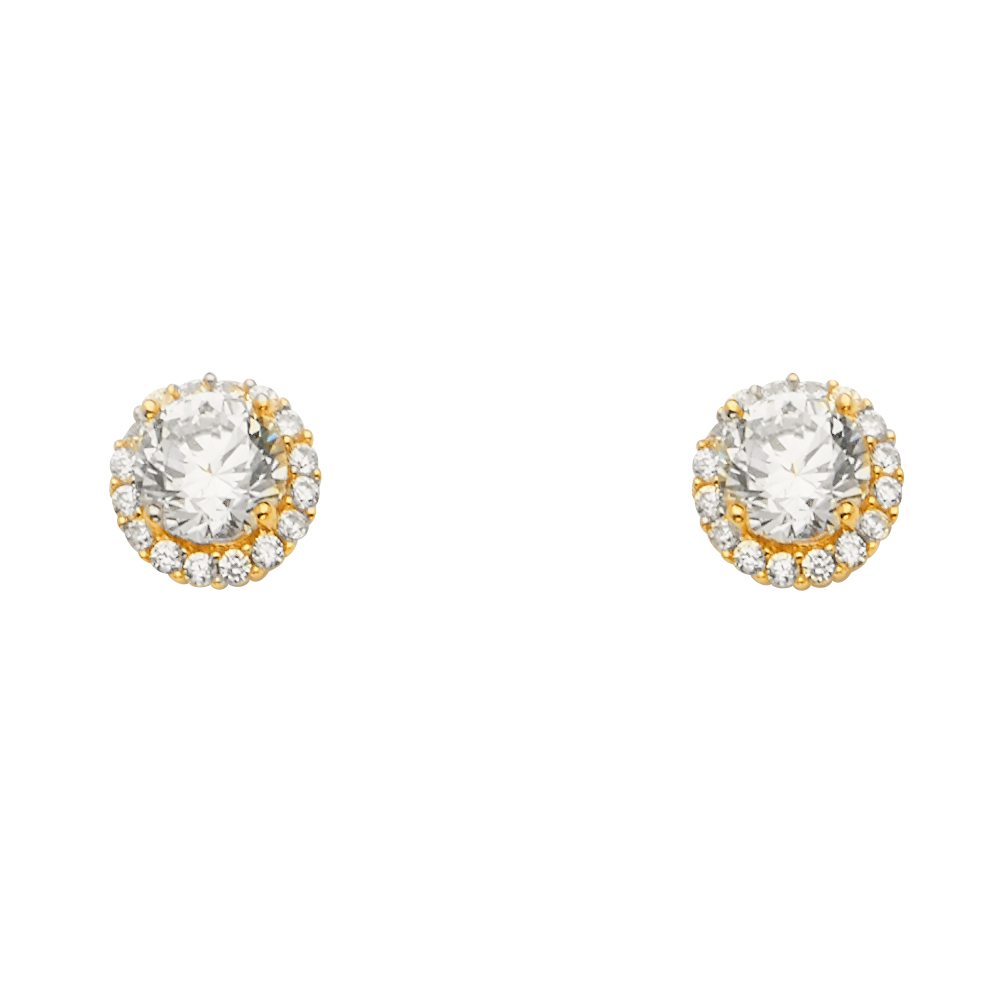 Lady's Yellow 14 Karat Halo Cz Round Earrings
