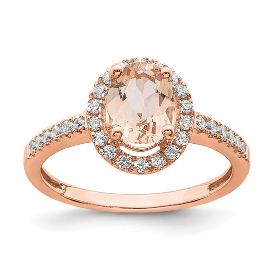 Lady's Rosé 14 Karat Morganite Engagement Ring = 0.333tw Round Diamond