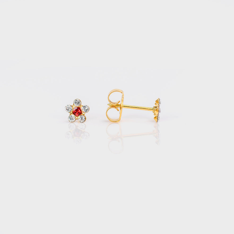 14 Karat Yellow Piercing Stud Earrings Crystal Ruby July
