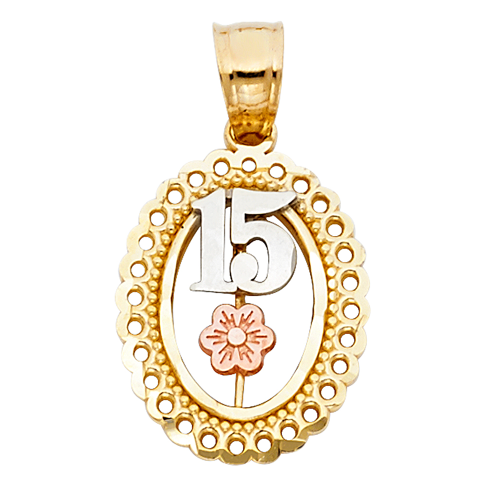 Three-Tone 14 Karat 15 Years Flower Pendant Mm 15 Length: 20
