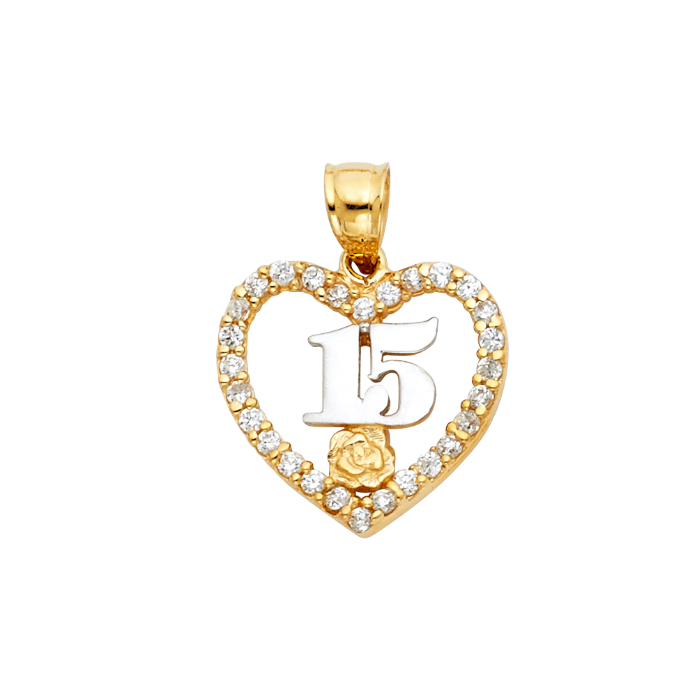 14K 2T CZ 15 Years Heart Pendant