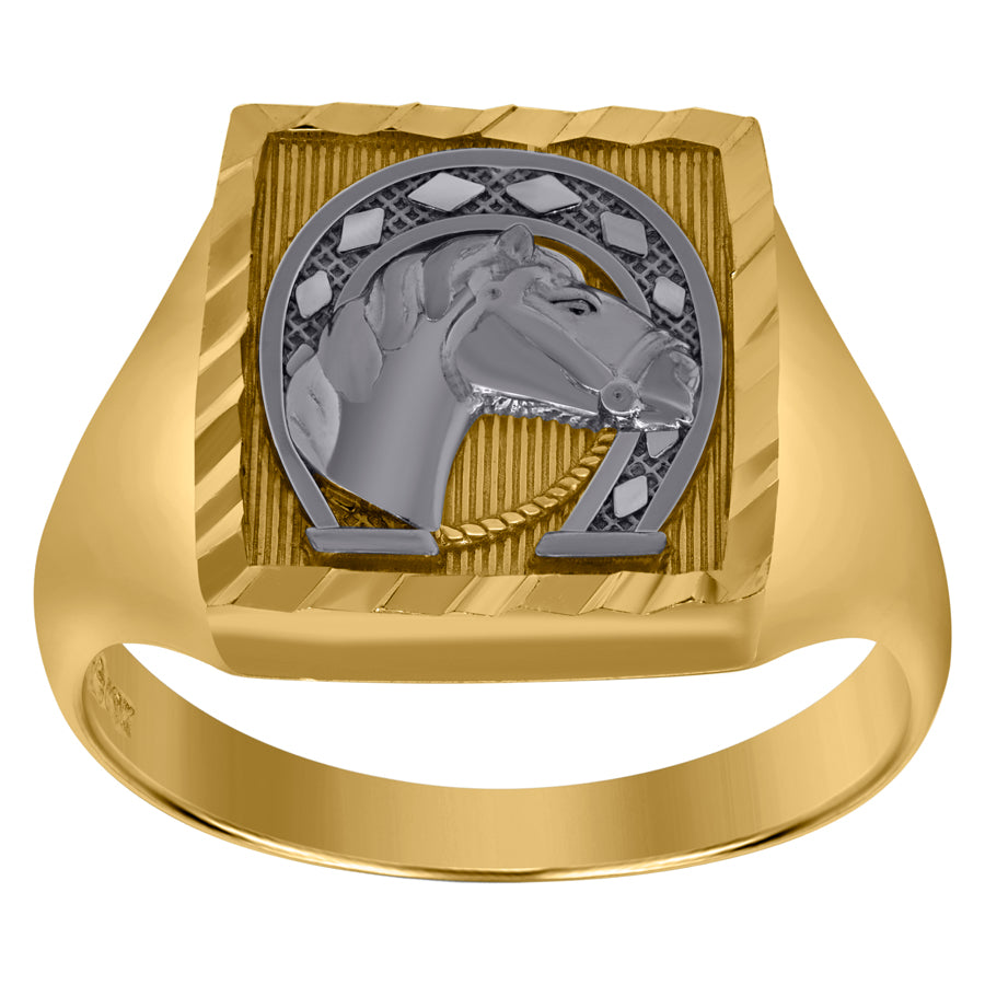 Gent's Two-Tone 10 Karat Horseshoe Horse Head Ring Length 14.65x2.4mm