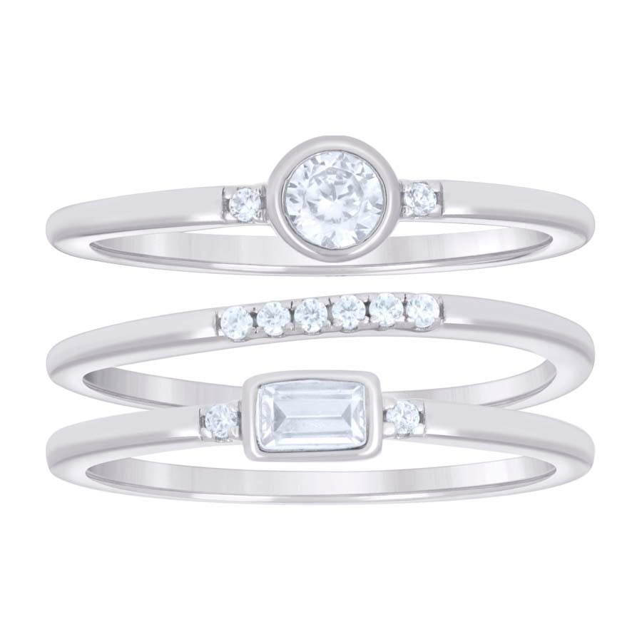 Lady's Three Layers Silver Ring Oval/Baguette Round CZ 4.2mm
