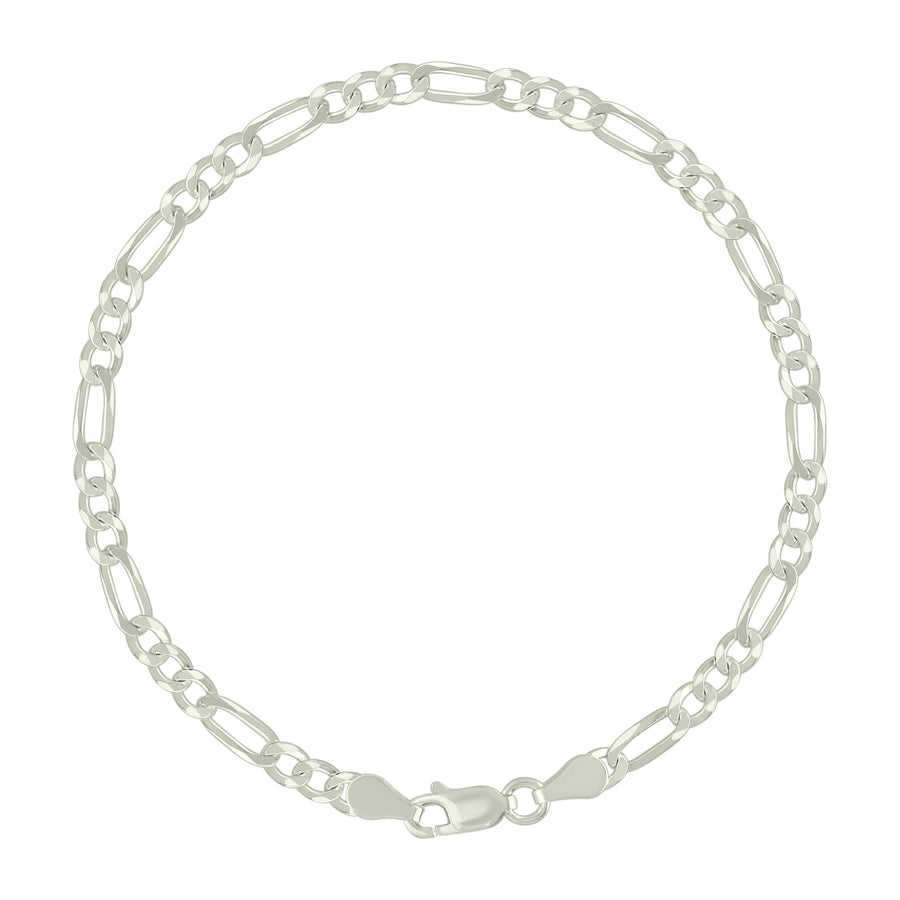 White Sterling Silver Super Flat Figaro 3.9mm 8" Bracelet