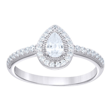 Lady's White Silver Halo Pear CZ Ring 10.3x8.3mm