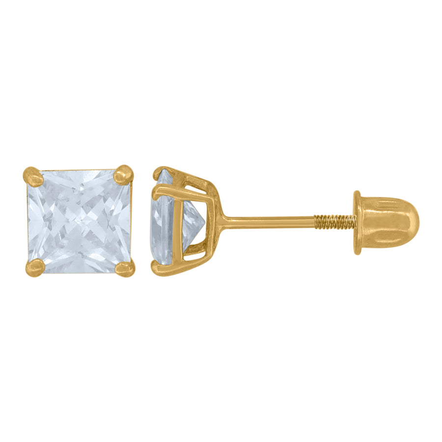 Lady's Yellow 14 Karat Square CZ Stud Earrings Length 4mm