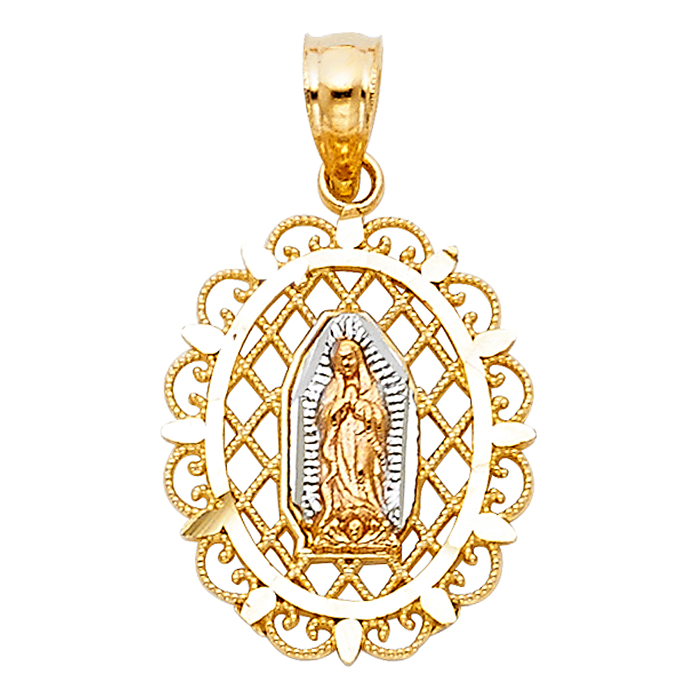 Three-Tone 10 Karat Filigree Virgen Of Guadalupe Pendant 22.5x13.6mm