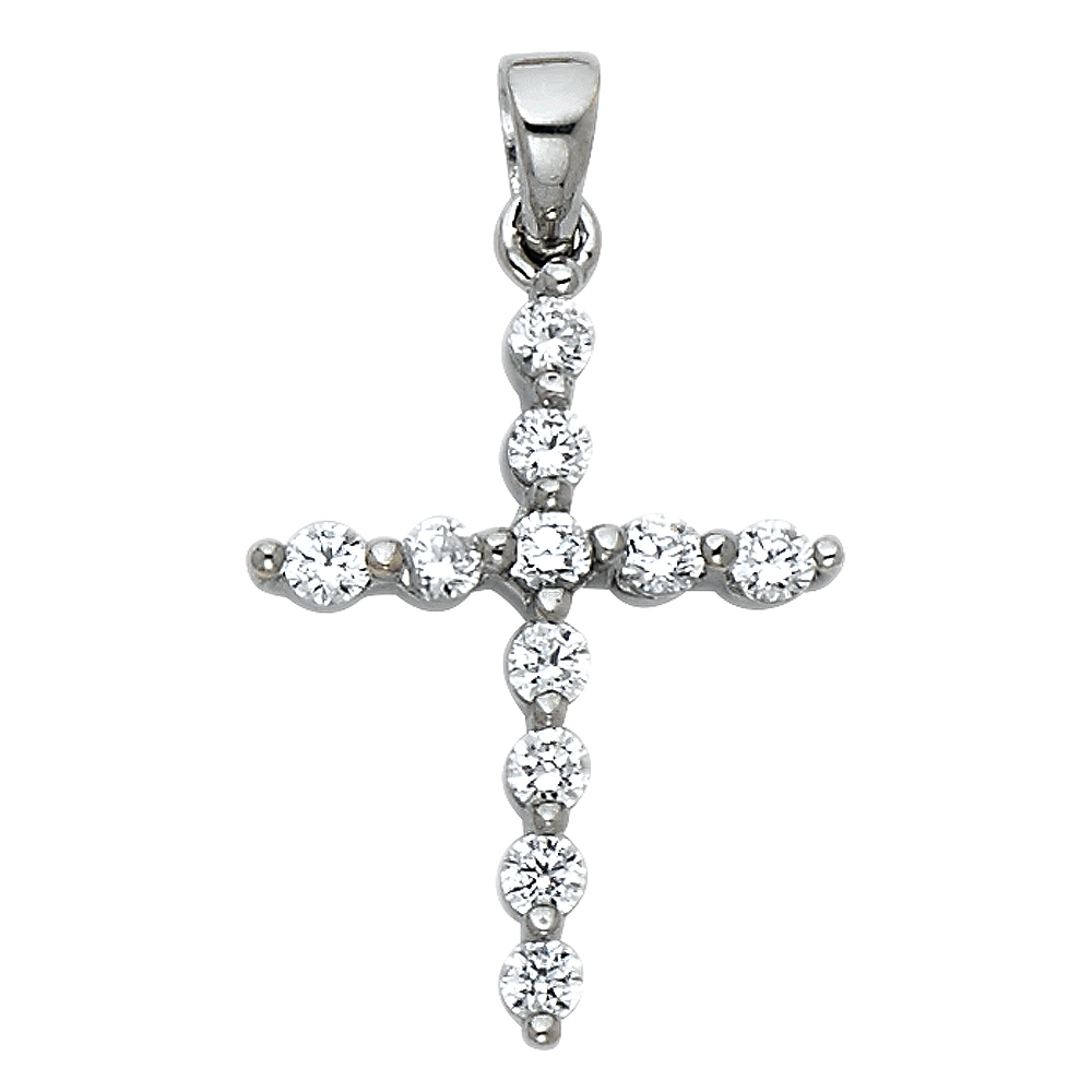 White 14 Karat  CZ Cross Pendant Length: 18