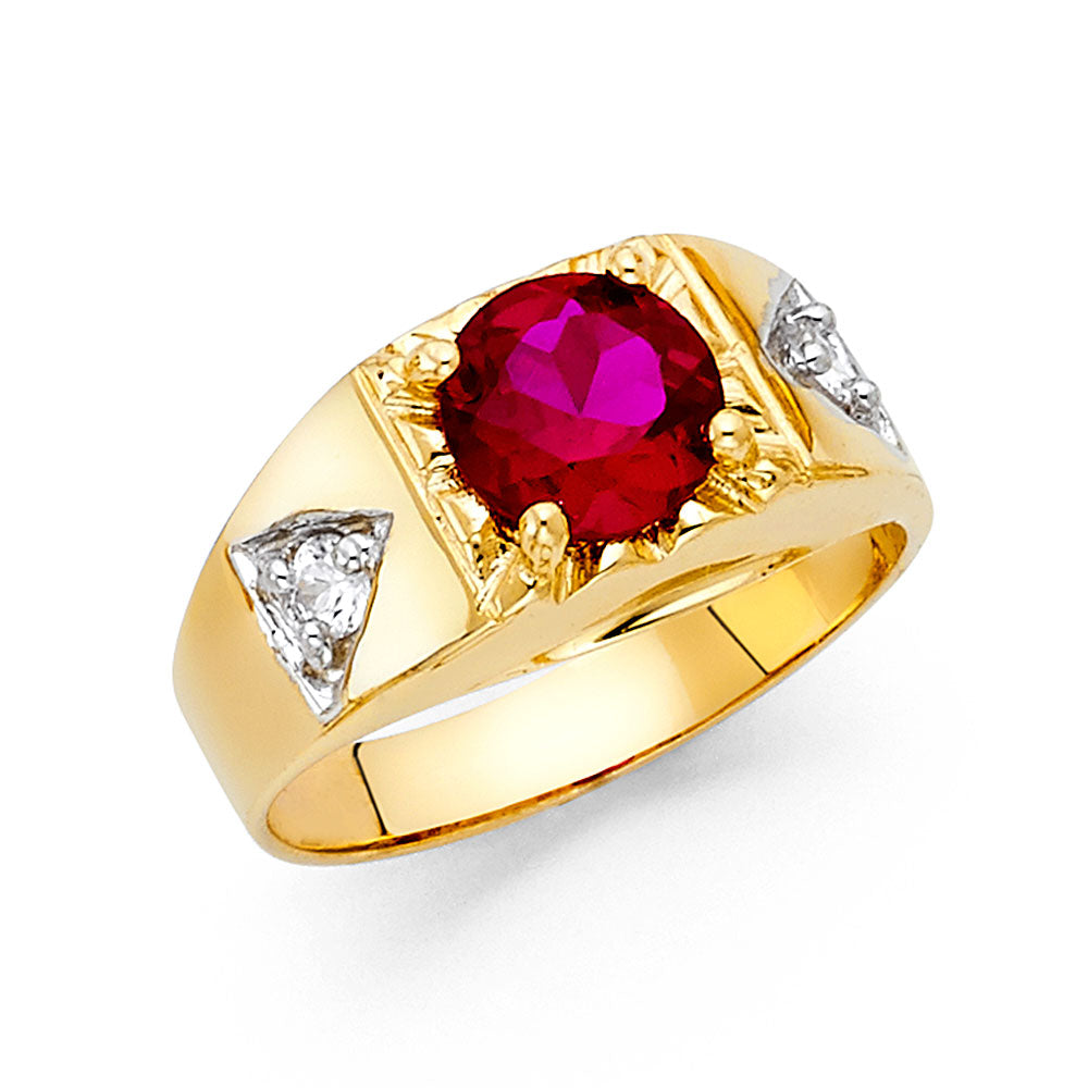 Gent's Yellow 14 Karat Round Red Cz Fashion Ring