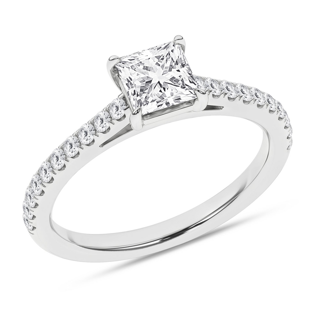 Lady's White 14 Karat Engagement Ring one 1.03ct Princess F VS1 Diamond
20 0.26tw Round E/F VS Diamonds Finish: polished
Gender: Ladies