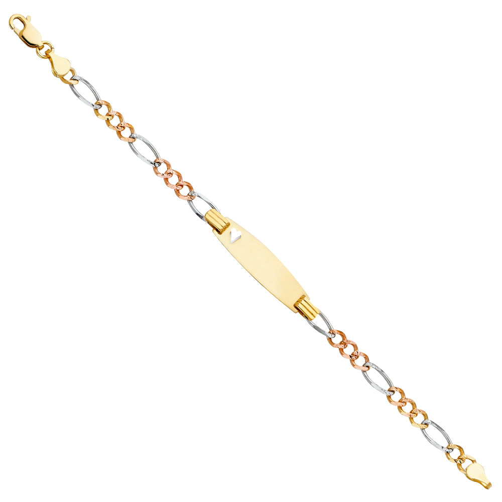 Three-Tone 14 Karat Oval baby w/heart Id Bracelet  Length 6 Style: Fig