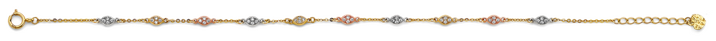 Lady's Three-Tone 14 Karat anklet cz Bracelet Length: 9"