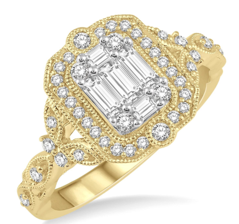 Lady's Yellow 14 Karat Engagement Ring = 0.333tw Baguette Diamonds
= 0.25tw Round Diamonds halo Fusion